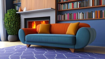 Modern Colorful Sofa in Cozy Living Room with Bookshelf and Fireplace