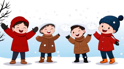 Fototapeta premium Joyful Children Playing in Snow with Winter Clothes and Snowballs