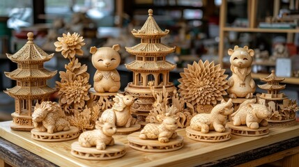 Fototapeta premium Exquisite Collection of Hand-Carved Wooden Sculptures with Intricate Details