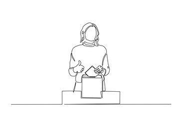 Female voter placing ballot in the ballot box polling place in continuous one line drawing design. Democracy and election day concept. Editable vector.