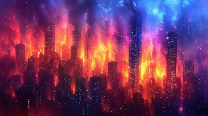 Fototapeta premium A City Ablaze, Abstract Cosmic Cityscape with Fiery Hues and Galactic Sky