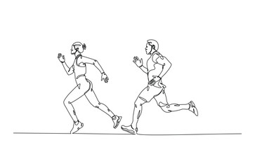 People running in continuous one line drawing. Single line art draw of runners illustration. Editable vector.