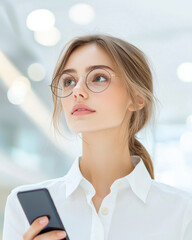 Obraz premium Elegant businesswoman holding smartphone, looking thoughtfully upward in modern office