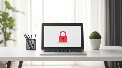 A laptop with a red padlock icon displayed on the screen sits on a clean white desk, suggesting a theme of online security and data protection.
