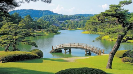 Obraz premium Serene Japanese Garden Landscape: Picturesque Pond, Bridge, and Lush Greenery