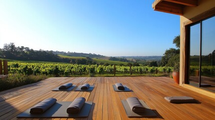 Yoga mats and rolled towels on wooden deck overlooking green vineyard landscape with clear blue sky