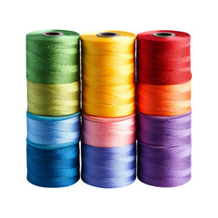 Colorful spools of thread arranged in vibrant stacks on a transparent background