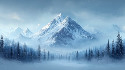 Obraz premium Snowy mountain peak, winter forest, misty landscape, serene scene, nature wallpaper