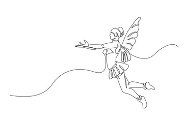 winged fairy in continuous one line drawing. Single line art draw of flying angel. Editable vector.