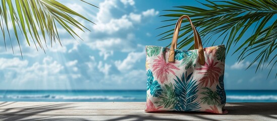 Tropical beach tote bag on wooden surface.