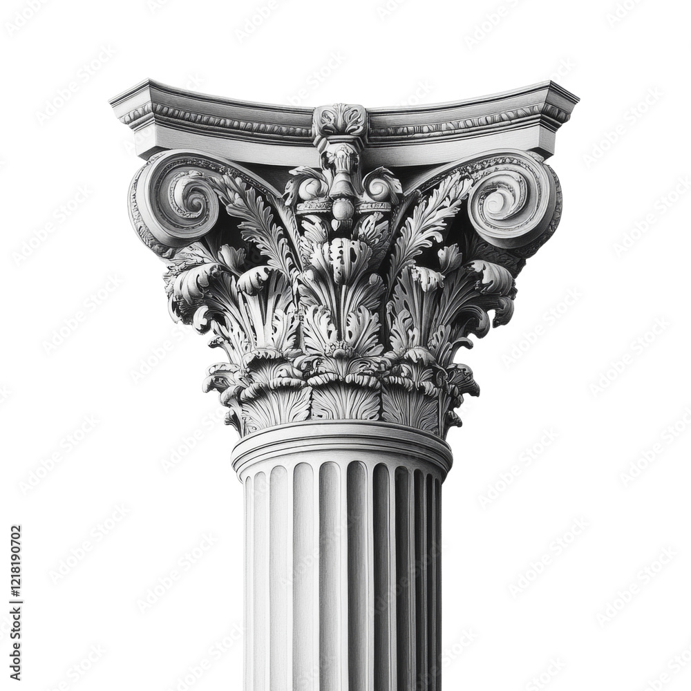 Poster A detailed grayscale image showcases a Corinthian column capital and shaft displaying intricate carvings and classical architectural features.