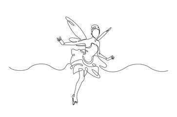 winged fairy in continuous one line drawing. Single line art draw of flying woman with wings. Editable vector.