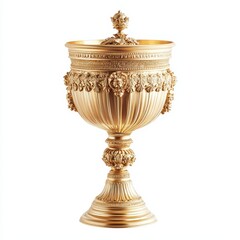 Ornate gold chalice with lid, detailed carvings.