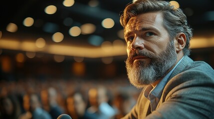 A bearded man delivers a speech before a large audience at a conference