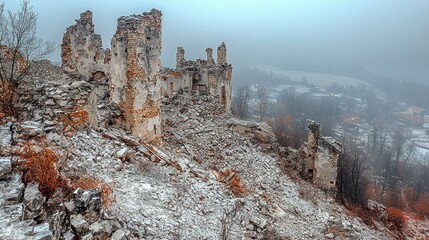 Fototapeta premium Snowy hilltop castle ruins, winter landscape, misty valley