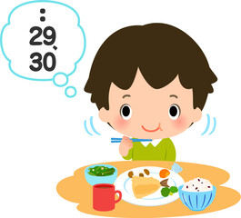 咀嚼回数を数えながら食事をする男の子