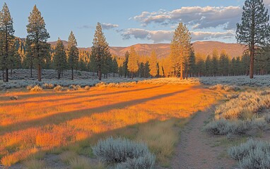 Golden hour sunlight illuminates a meadow with tall grasses, shrubs, and pine trees.
