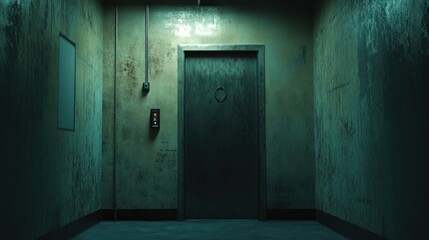 Dark and moody interior scene with an old steel door and grungy walls