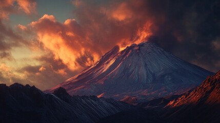 Dramatic Mountain Peak Landscape with Fiery Clouds at Sunset or Sunrise