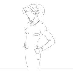 Portrait of a slender woman in a tight-fitting sports suit.One continuous drawing line, logo single hand drawn art doodle isolated minimal illustration.