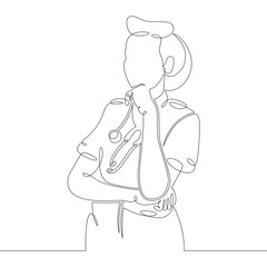 Young woman doctor nurse in medical uniform and stethoscope. One continuous drawing line, logo single hand drawn art doodle isolated minimal illustration.