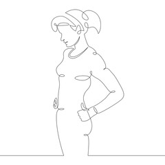 Portrait of a slender woman in a tight-fitting sports suit.One continuous drawing line, logo single hand drawn art doodle isolated minimal illustration.