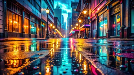 Urban Nightscape Rainy Street Reflections of Vibrant City Lights and Illuminated Shops