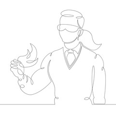 Woman scientist professor teacher in goggles holds a fiery element in his hands.One continuous drawing line, logo single hand drawn art doodle isolated minimal illustration.