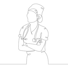 Young woman doctor nurse in medical uniform and stethoscope. One continuous drawing line, logo single hand drawn art doodle isolated minimal illustration.