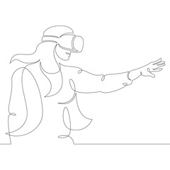 Young woman girl plays, works in virtual reality glasses. One continuous drawing line, logo single hand drawn art doodle isolated minimal illustration.