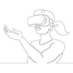 Young woman girl plays, works in virtual reality glasses. One continuous drawing line, logo single hand drawn art doodle isolated minimal illustration.