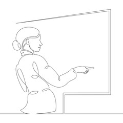 Scientist professor teacher stands writes on the student board. One continuous drawing line, logo single hand drawn art doodle isolated minimal illustration.