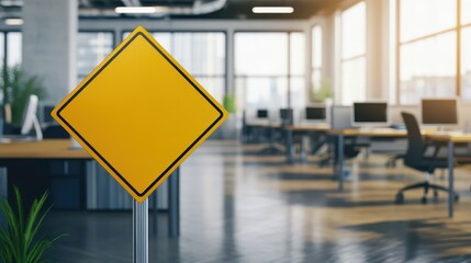 Yellow Diamond Shaped Road Sign Empty Office Space Background Design for Traffic or Directional Use with Modern Work Environment