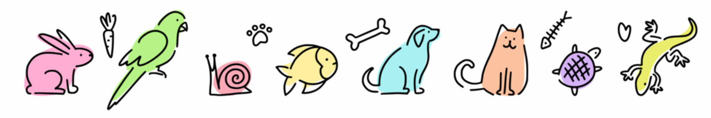 Set of pets, doodle style collection for pet shop
