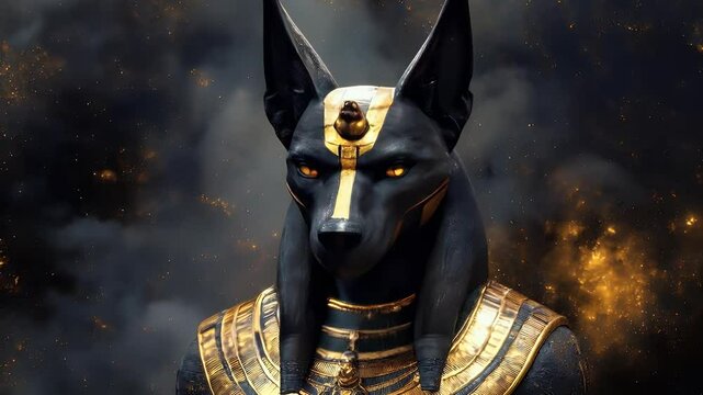 Anubis, Egyptian God of the Dead, depicted in a powerful, majestic pose, adorned in gold and black attire against a smoky, fiery background.