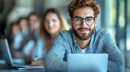 Young professional with glasses smiling during a business meeting or coworking session