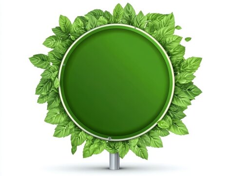 Green circle sign surrounded by leaves.