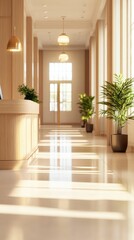 Modern bank interior during business hours with customers bright ambiance clean design calm environment