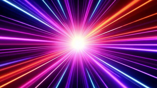 A dynamic explosion of colorful light rays radiating from a central point.