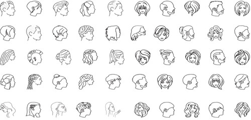 man woman profile line art head, hairstyle, men, women outline collection, variety line art