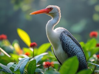 Fototapeta premium Elegant heron with vibrant orange beak amidst lush green foliage and red flowers
