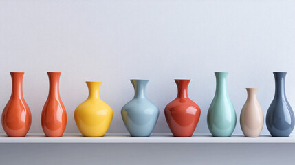colorful vases on a white shelf against a white wall interior design home decor