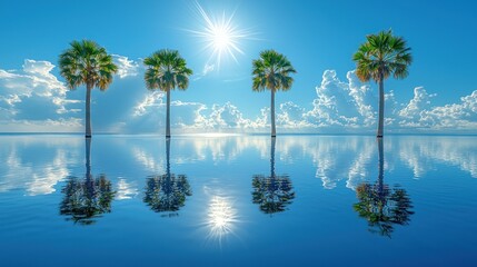 Four Palm Trees Reflecting on an Infinity Pool Under a Sunny Sky with Clouds