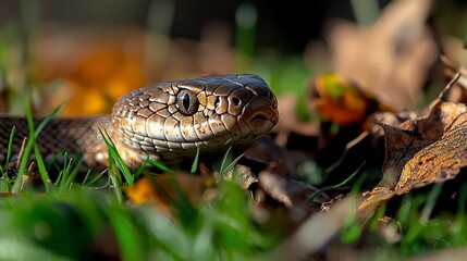 Close-up of a snake's head in autumn leaves.