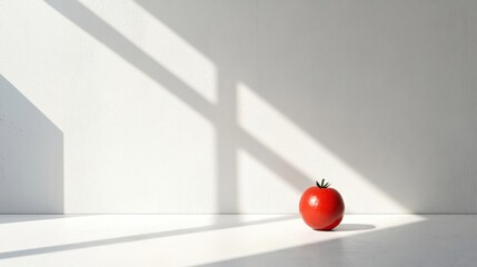 a tomato sitting on a white surface in a room
