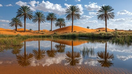 Obraz premium Desert Oasis with Palm Trees Reflection in Water and Dune Landscape