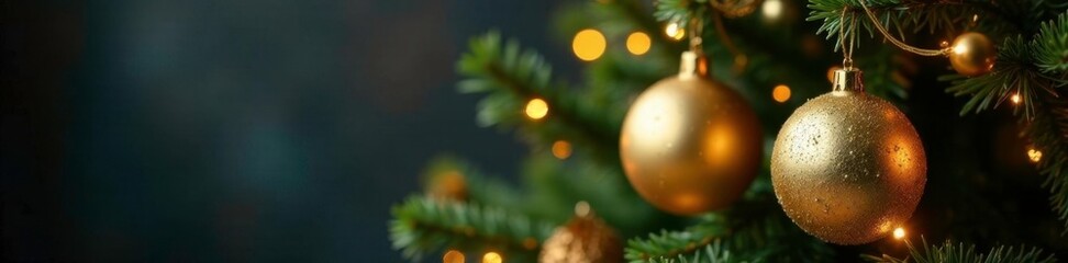Glittering golden ornaments on a Christmas tree branch with festive lights and garland, garland, branches, lights