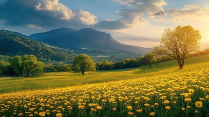 Obraz premium Sunset over idyllic landscape with yellow wildflowers and mountains.