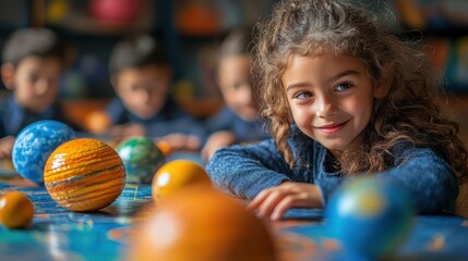 Adorable Girl Learning About Planets in a Classroom Setting