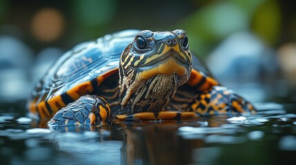 Obraz premium A close up photograph of a turtle with a vibrant patterned shell and yellow markings swimming in water